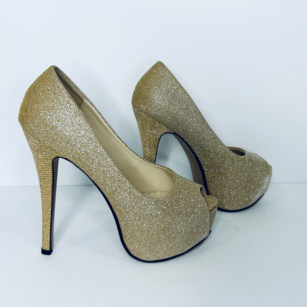 Elegant Gold Peep-Toe High Heels Platform Size 6.5 - Picture 2 of 8